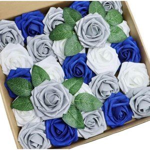 25 Count | Royal Blue Silver White Roses Artificial Wedding Bouquet Centerpiece